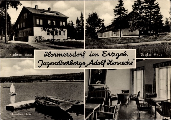 Postcard Hormersdorf Zwönitz in the Erzgebirge of Saxony, youth hostel Adolf Hennecke, reading room, pond