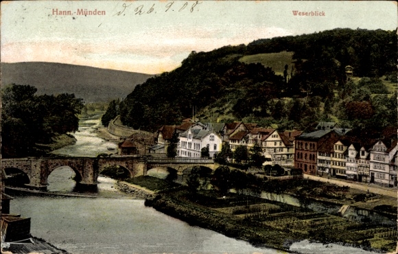 Postcard Hann. Münden in Lower Saxony, Weser view, bridge, architecture, river landscape