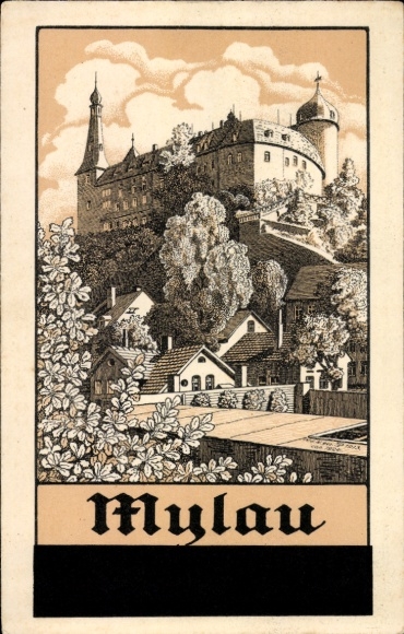 Ak Mylau Reichenbach im Vogtland, Burg, Häuser, Bäume, Landschaft, Schwarz-Weiß-Illustration