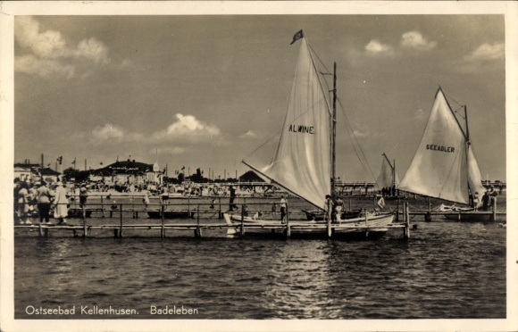 Postcard Ostseebad Kellenhusen in Holstein, bathing life, sailing boats Alwine and Seeadler