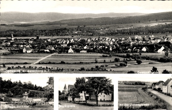 Postcard Obersuhl Wildeck in Hessen, total view, war memorial, market square, zone border