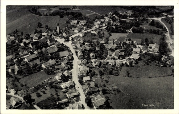 Postcard Pforzen im Allgäu, aerial view of houses, streets, rural surroundings