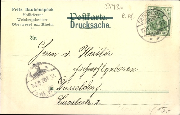 litho Oberwesel am Rhein, salonboot, wijngroothandel van wijngaardeigenaar Fritz Daubenspeck