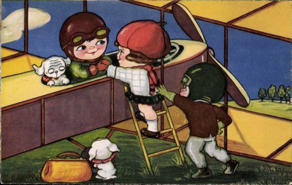 Artist Postcard Boriss, Margret, children boarding a plane, travel, luggage