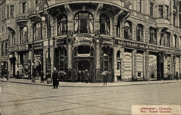 Postcard Chemnitz Saxony, machine, owner Rudolf Gerecke, street corner