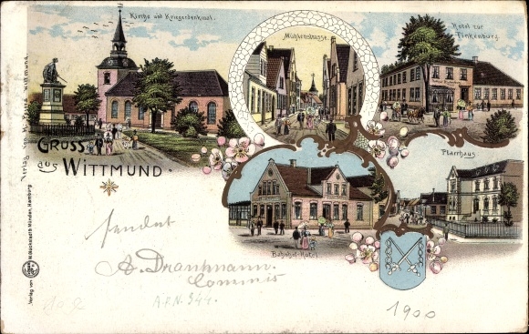 Chromo-Litho Wittmund in East Friesland, church, war memorial, station hotel, hotel z. Finkenburg, vicarage