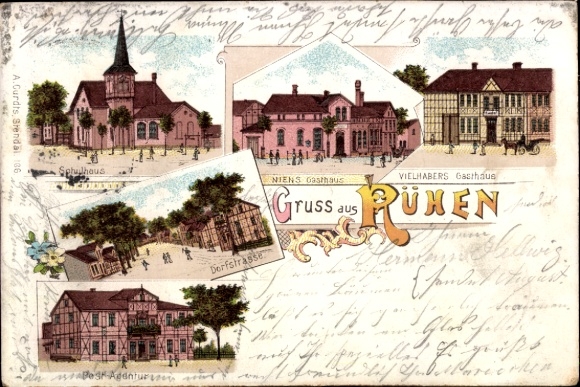 Chromo-Litho Rühen in Lower Saxony, schoolhouse, village street, Niens Inn, Vielhabers Inn