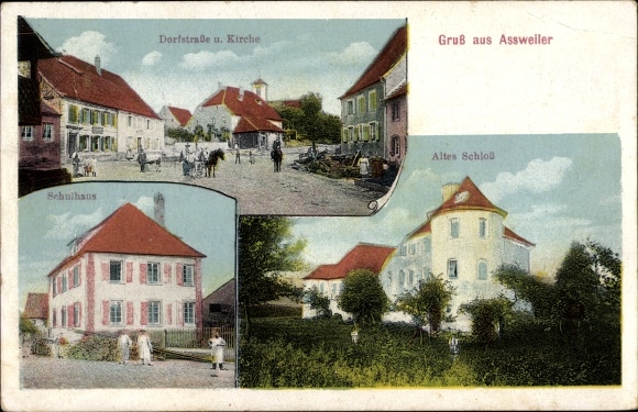 Postcard Assweiler Aßweiler Blieskastel in Saarland, old castle, schoolhouse, village street, church