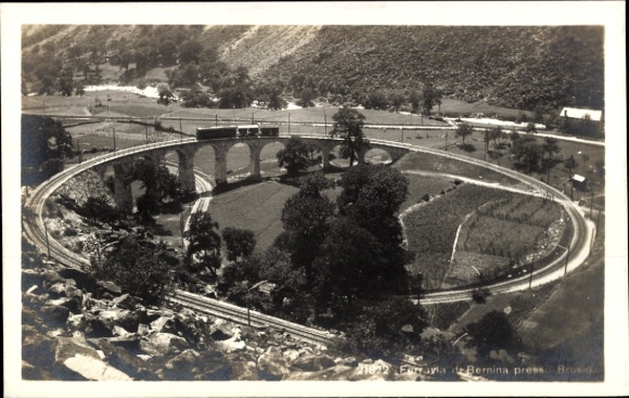 PC Brusio Canton of Graubünden, viaduct, train, landscape, trees, tracks, black and white photo