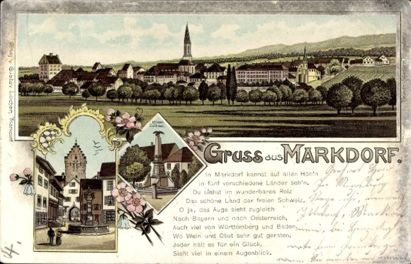 Chromo-Litho Markdorf Bodenseekreis Baden, general view, poem, war memorial, gate, fountain