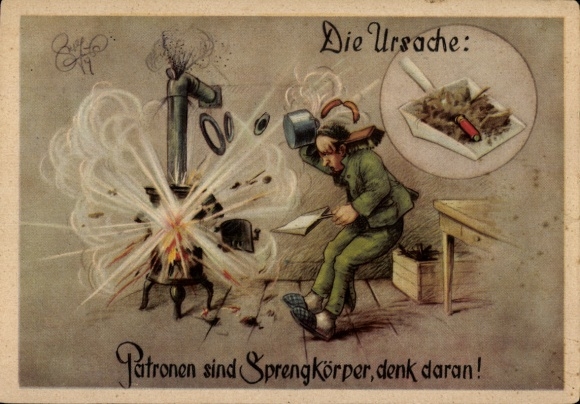 Artist Postcard Geilfus, H., Cartridges are explosives, Explosion in the oven, Funny hunter's primer