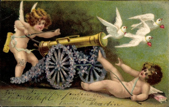Embossed PC Angels Shooting Doves from a Cannon, Violets