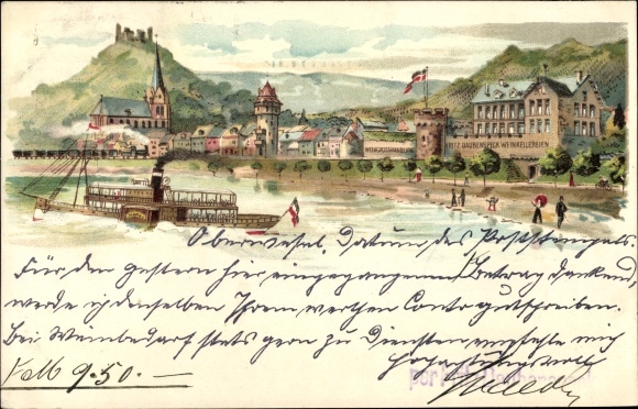 lito Oberwesel am Rhein, parowiec salonowy, hurtownia wina należąca do właściciela winnicy Fritza Daubenspecka
