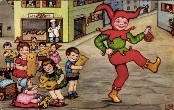 Kunstenaarskaart Boriss, Margret, Till Uilenspiegel, kinderen, gebakjes, Amag 0402