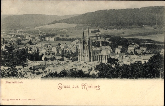 Postcard Marburg an der Lahn, Elisabeth Church, city view, greetings from Marburg