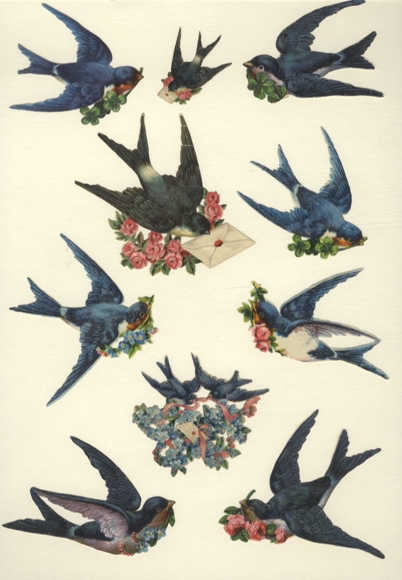 10 wafers swallows with forget-me-nots, roses and letter, approx. 8 x 9 cm to 6 x 7 cm