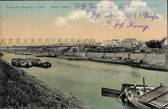 Ak Riesa an der Elbe Sachsen, Neuer Hafen, Elbe, Boote, Hafenanlage