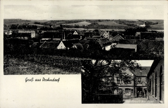 Ak Drohndorf Aschersleben im Salzlandkreis, Gesamtansicht, Gasthof zur Post