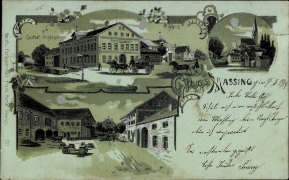 Mondschein Litho Massing in Niederbayern, Gasthaus Anglsperger, Straßenpartie, Kirche