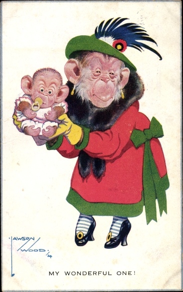 Artist Postcard Wood, Lawson, My wonderful one, ape humanized, mother, child, chimpanzee