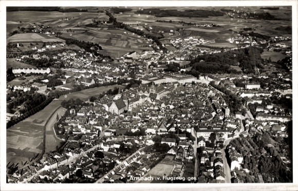 KP Ansbach w środkowej Frankonii w Bawarii, widok z lotu ptaka na okolicę wiejską, architektura