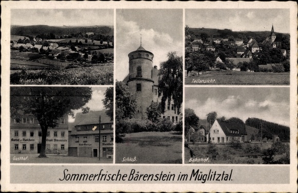 Postcard Bärenstein Altenberg Eastern Ore Mountains, train station, castle, inn, partial view
