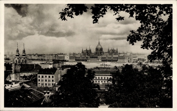 KP Budapest Węgry, widok na Parlament, fotografia czarno-biała, drzewa na pierwszym planie