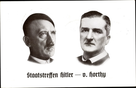 Postcard Führer and Reich Chancellor Adolf Hitler, Reich Administrator von Horthy, state meeting 1938
