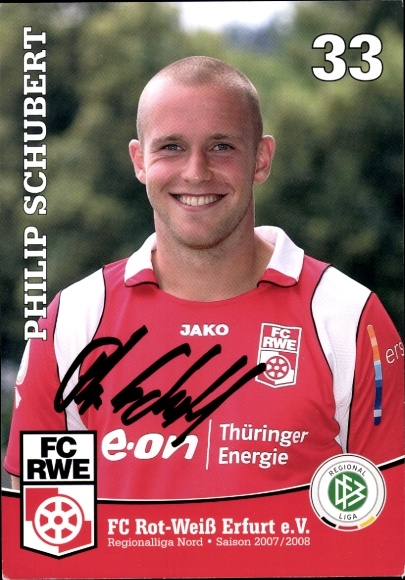 Autograph card footballer Philip Schubert, FC Rot-Weiß Erfurt, autograph