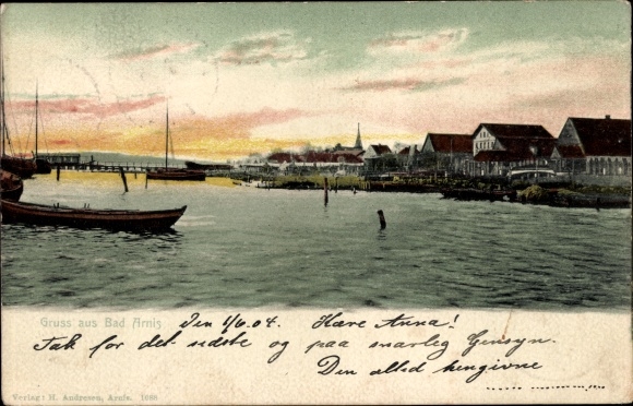 Ak Bad Arnis an der Schlei, Wasserpartie, Häuser, Boot