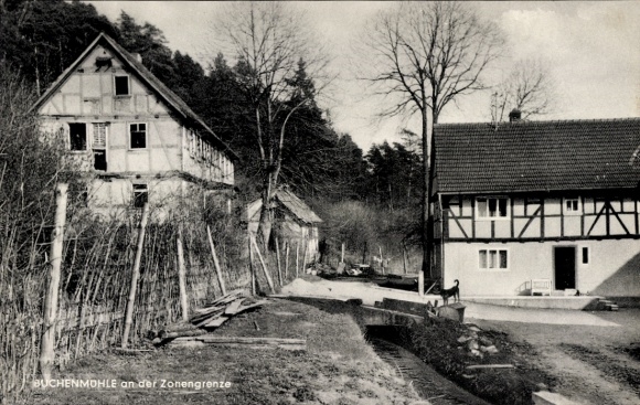 Postcard Soisdorf Eiterfeld in Hesse, old beech mill on the zone border