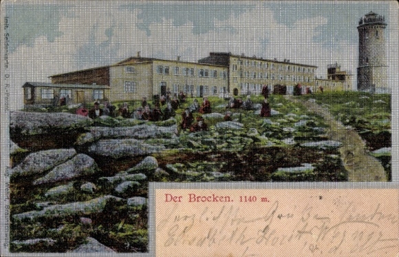 Ak Brocken im Harz, Brockenturm, Brockenhotel, Seidenimitat