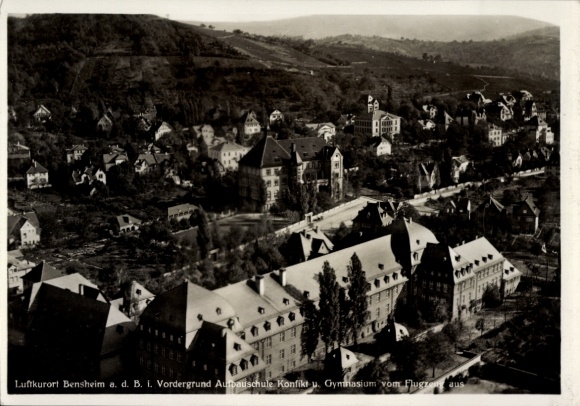 Postcard Bensheim an der Bergstraße Hesse, climatic health resort, advanced school, high school from the airplane, black-w