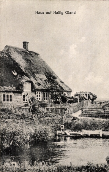 Ak Hallig Oland Noord-Friesland, huis met rieten dak