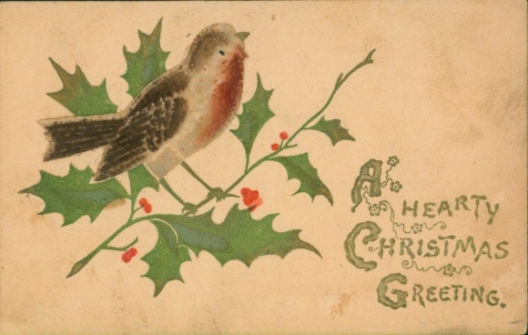 Fabric Postcard Congratulations Christmas, holly, bird
