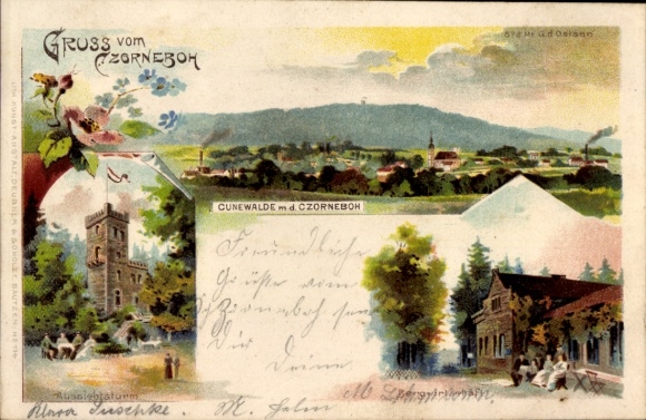 Chromo-Litho Cunewalde in Lusatia, Czorneboh, observation tower, mountain farm