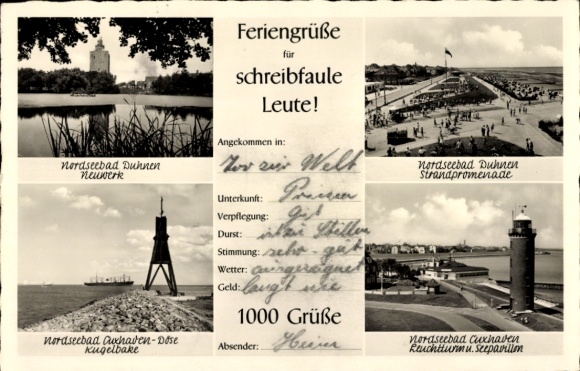 Postcard North Sea resort Duhnen Cuxhaven, Neuwerk, beach promenade, Kugelbake, lighthouse, sea pavilion