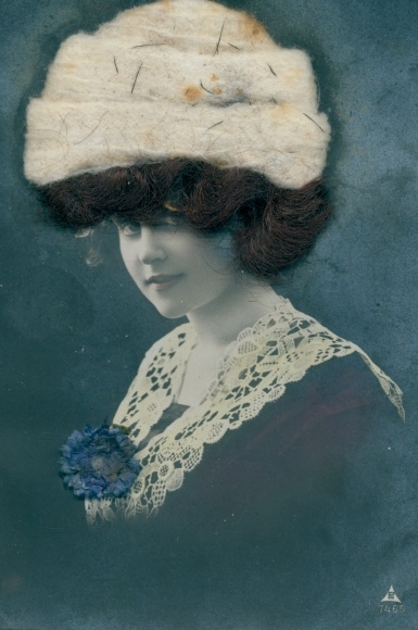 Real hair fabric Postcard portrait of a woman with a cap