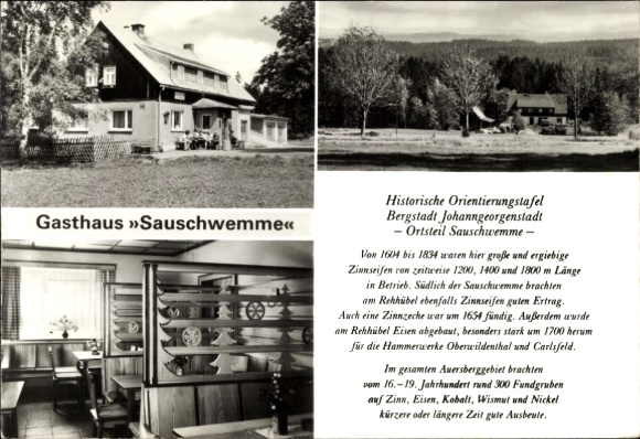 Postcard Sauschwemme Johanngeorgenstadt in the Erzgebirge, Gasthaus Sauschwemme, orientation board, tin