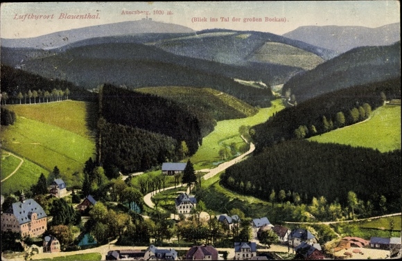 Postcard Blauenthal Eibenstock in the Ore Mountains, panorama, Auersberg, valley of the big Bockau