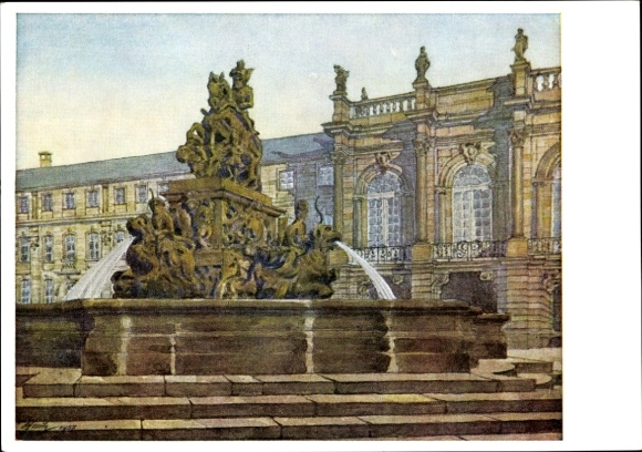 Kunstenaar Ak Schmitz, Hans, Bayreuth, Markgraaffontein met nieuw paleis