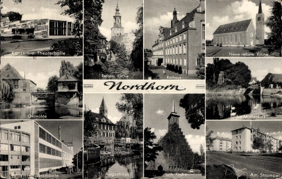 Ak Nordhorn in der Grafschaft Bentheim, Konzert und Theaterhalle, Rathaus, St. Augustinus, Kirche