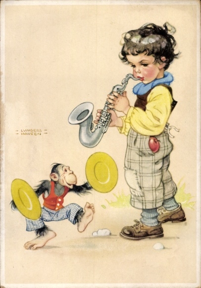 Artist Postcard Lungershausen, Ilse Wende, boy playing saxophone, humanized chimpanzee