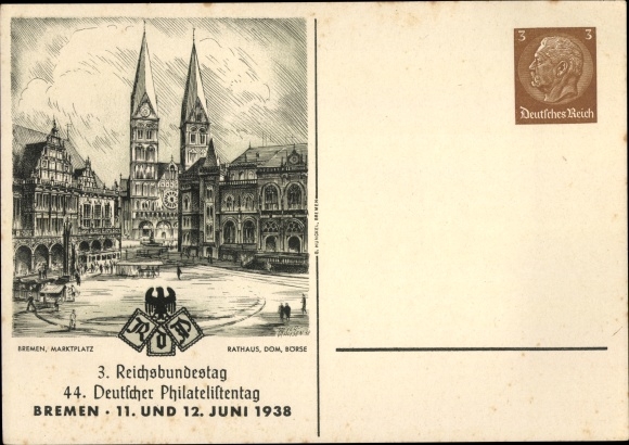 Postal stationery PC Hanseatic city of Bremen, 3rd Reichsbundestag, 44th German Philatelic Day, 11-12. June 1938