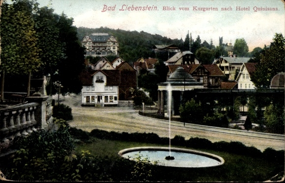 Postcard Bad Liebenstein in the Thuringian Forest, town view, spa gardens, Hotel Quinisana, fountain, old building,