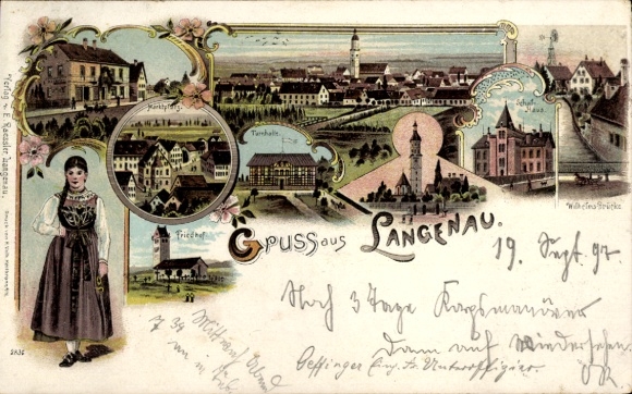 Litho Langenau in Württemberg, Schulhaus, Wilhelmsbrücke, Turnhalle, Friedhof, Marktplatz