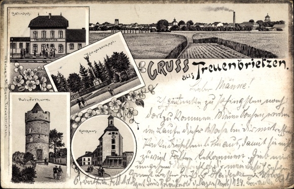 Chromo-Litho Treuenbrietzen in Brandenburg, train station, war memorial, powder tower, town hall