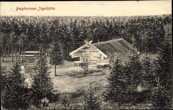 Kunstenaarskaart Unterhaching in Opper-Beieren, Berghammer Jagdhütte, boslandschap