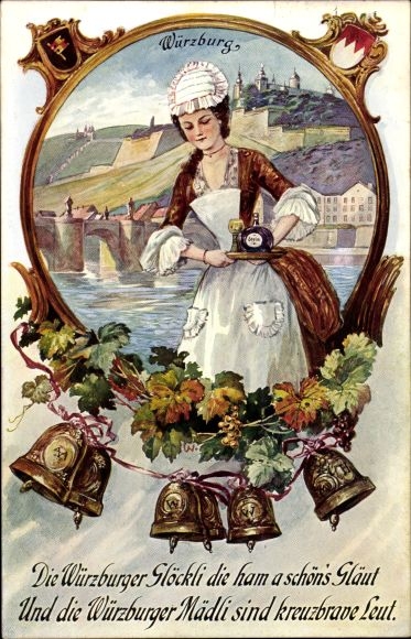 PC Würzburg am Main Unterfranken, Würzburger Glöckli, maid with wine bottle