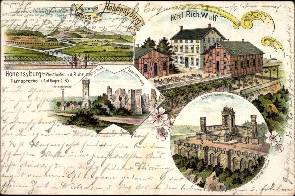 Litho Syburg Dortmund in het Ruhrgebied, Hotel Richard Wulf, Hohensyburg-ruïne, Kaiser-Wilhelm-monument